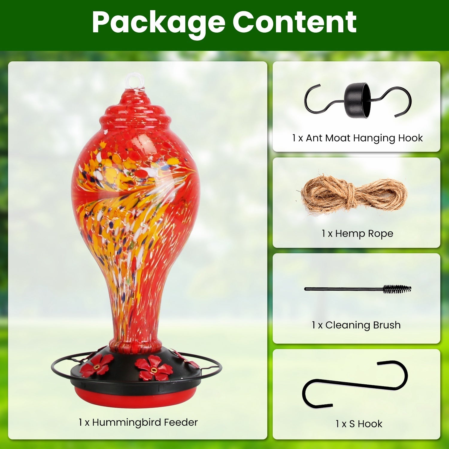 Hand-Blown Glass Hummingbird Feeder with Ant Moat & Perch