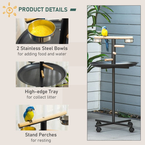 PawHut Bird Play Stand, Portable Parrot Perch, Bird Feeder Station, With Four Wheels