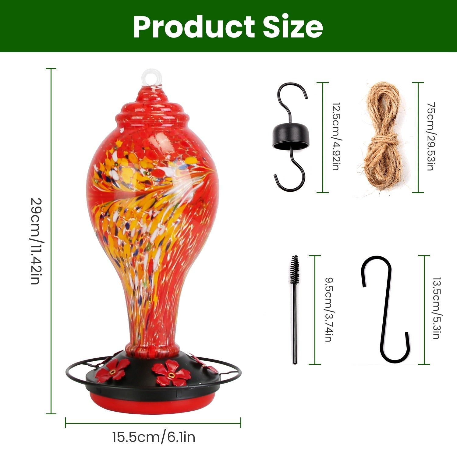 Hand-Blown Glass Hummingbird Feeder with Ant Moat & Perch