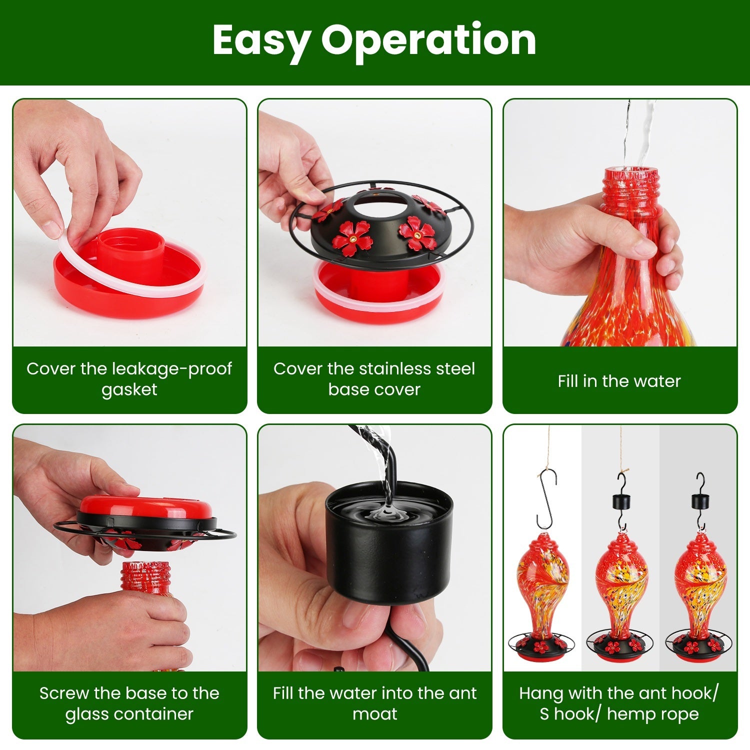 Hand-Blown Glass Hummingbird Feeder with Ant Moat & Perch