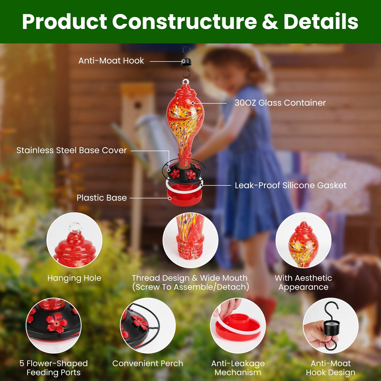 Hand-Blown Glass Hummingbird Feeder with Ant Moat & Perch