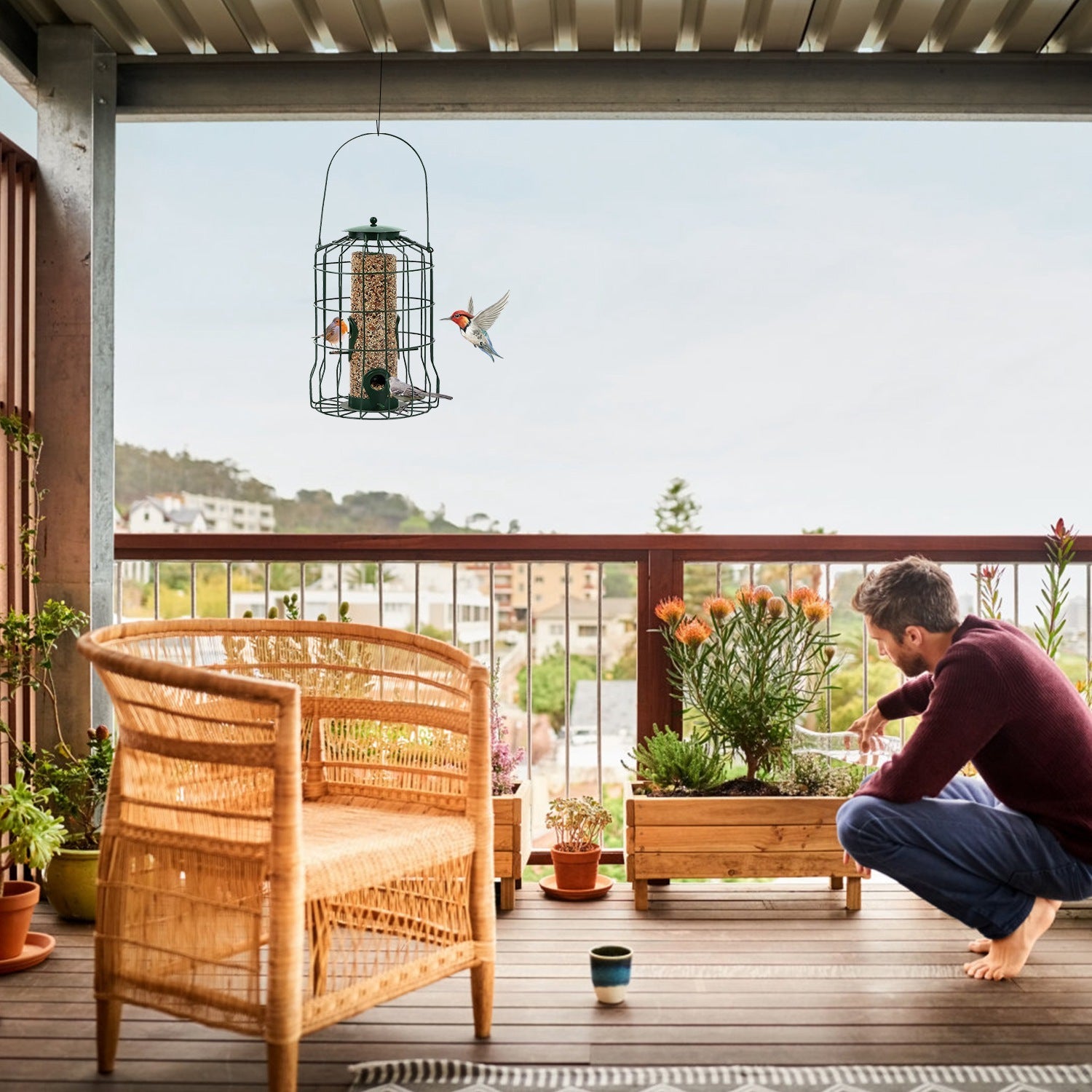 1Pc Outdoor Wild Bird Feeder Squirrel-Proof Chew-Proof Metal Hanging Seed Feeder With 4 Feeding Port For Small Songbirds