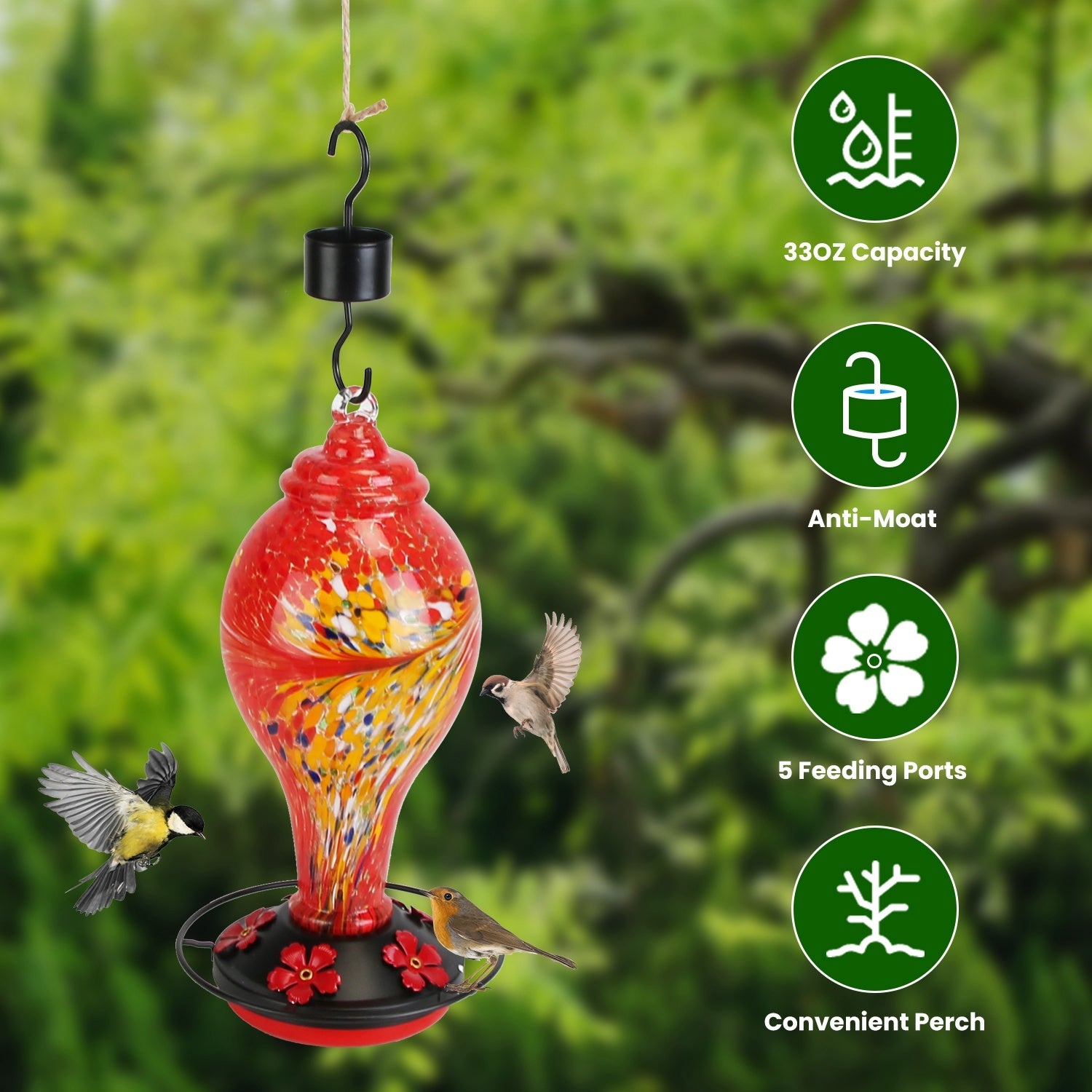 Hand-Blown Glass Hummingbird Feeder with Ant Moat & Perch